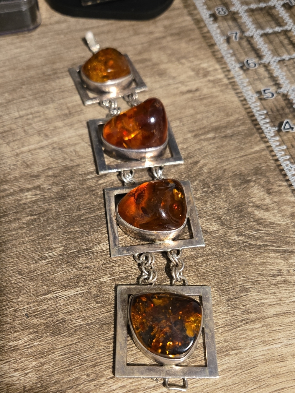 Huge Cognac Amber Nugget Sterling Silver Geometric High Profile Bracelet 8 Inch
